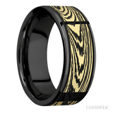 8 mm wide/Flat/Zirconium band with one 6 mm Centered inlay of 14K Yellow Gold with a laser carved Woodgrain pattern